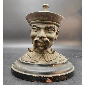 Vintage Asian-Inspired Cast Metal Iron Bust Sculpture On Wooden Base CR2009